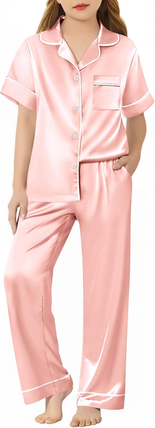 Arshiner Girls Pajamas Silk Satin Button Down Pjs 2 Piece Short Sleeve Sleepwear Set