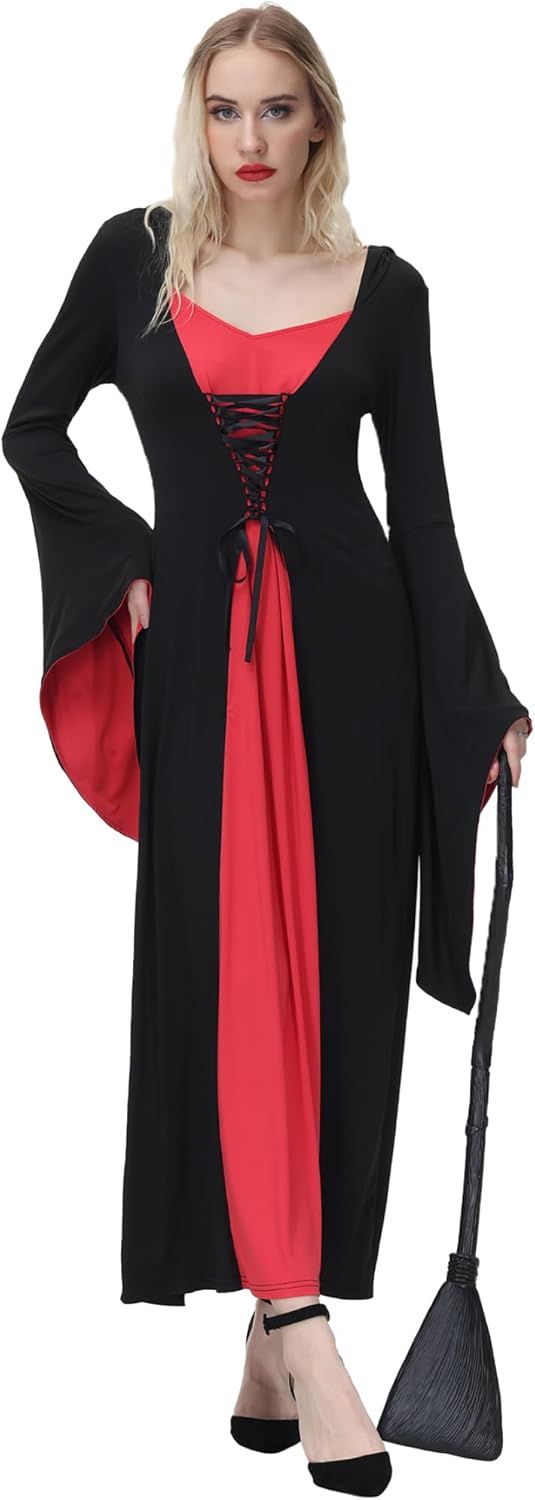 NANAMEEI Women Lace Up Front Hooded Robe Costume Color block Maxi Dress - Image 4