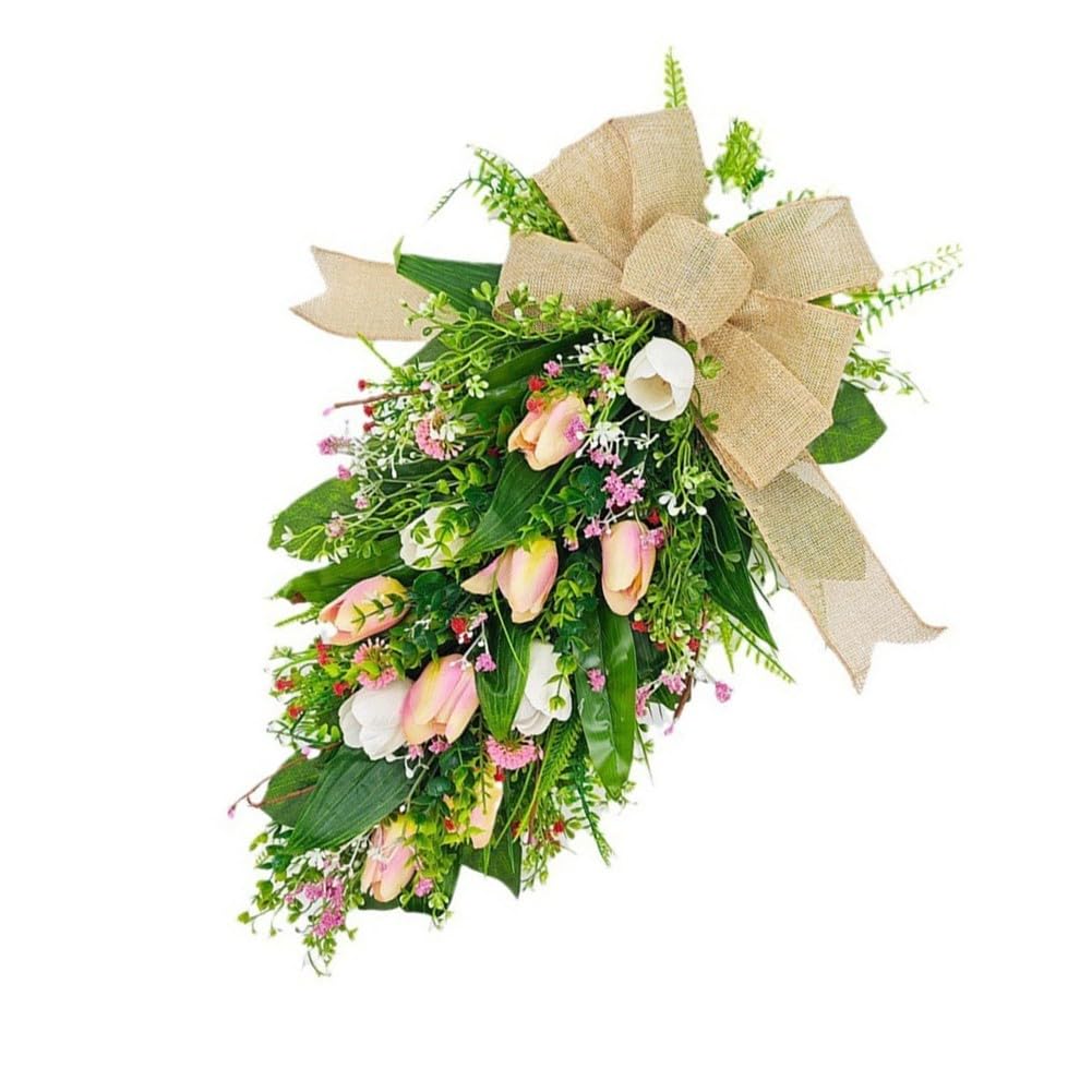 Ghirlanda di tulipani per decorazione della porta d'ingresso, ghirlanda di fiori artificiali primaverile estiva con fiocco per ingresso di casa da appendere alla parete, 55 x 30 cm