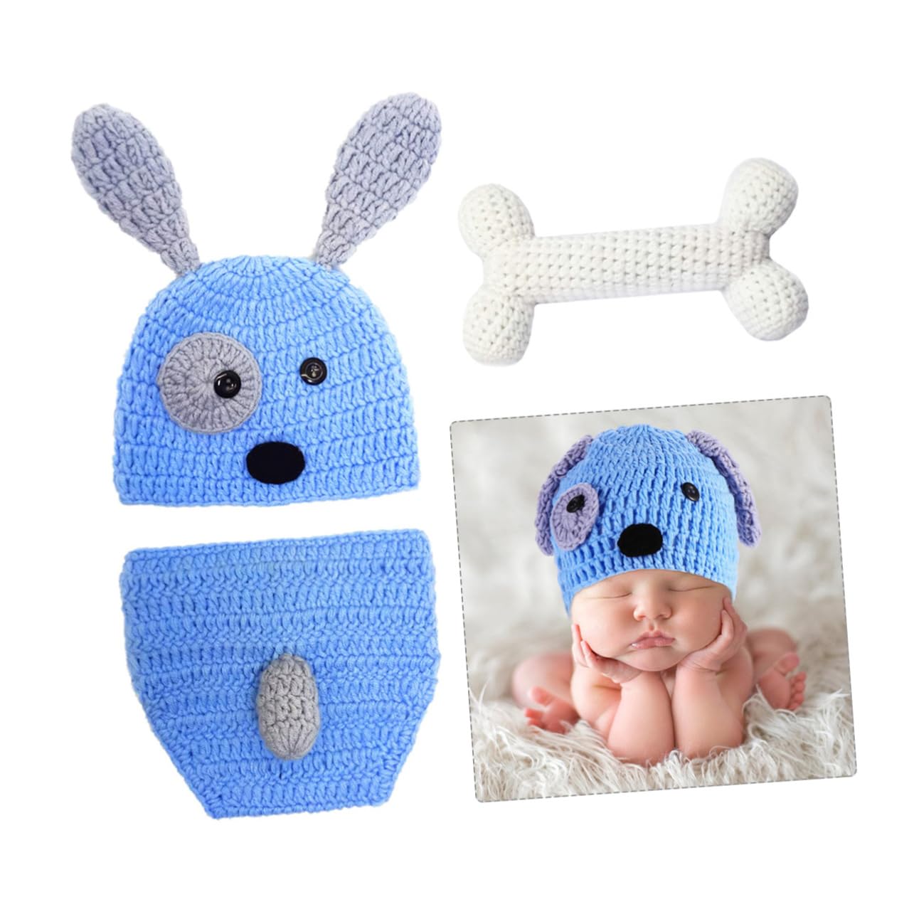 Hemobllo Ropa De Tejida Mano Con Diseño De Perrito Para Fotografía De Recién Nacido Incluye Sombrero Pantalones Cortos Y Azul