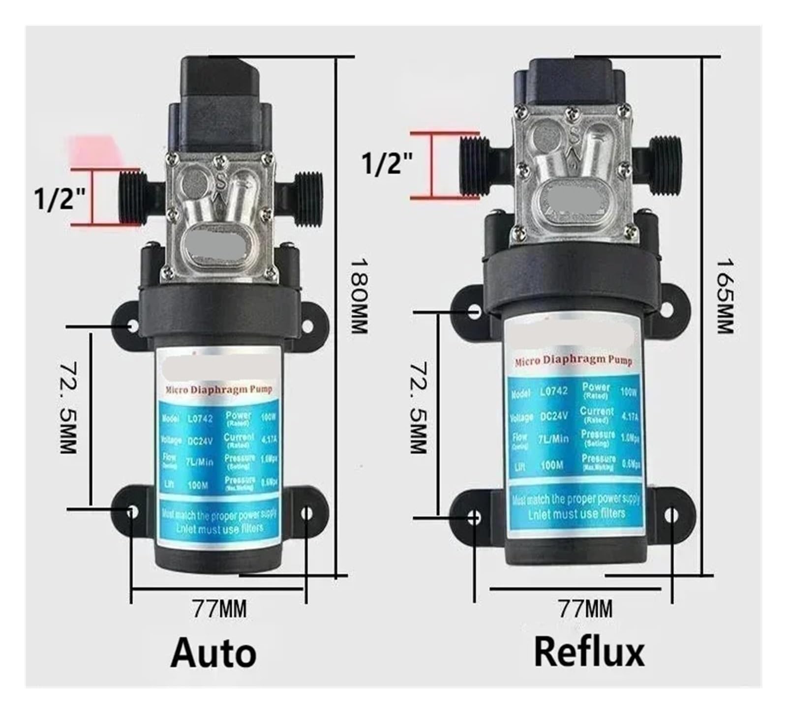 1/2" 24V 100W 7L Electric Diaphragm Pump Self Priming Household High-temperature Resistant Water Pressure Testing(Auto)