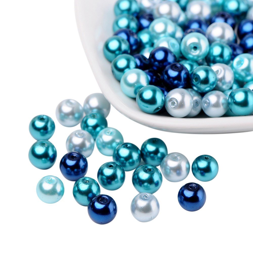 PH PandaHall 100pcs 8mm Glass Pearl Beads, Carribean Blue Pearl Beads Round Spacer Loose Craft Beads for Jewellery Making Crafting Decoration, Hole: 1mm