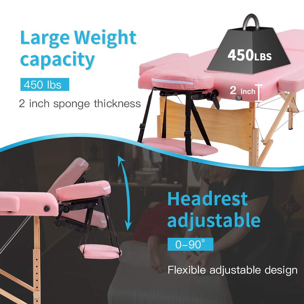BestMassage Massage Bed Portable Massage Table 24 inch Wide Lash Bed Height Adjustable 2 Folding Spa Table with Non-Woven Bag for Spa Footmassage Facial CareSpa Tattoo: 28 inch wide Pink