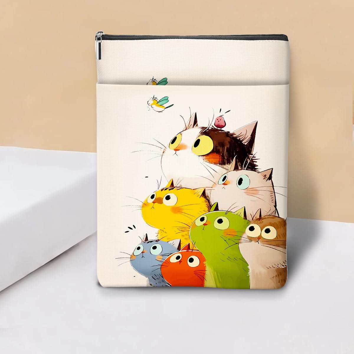 Cartoon Cat Bird Book Sleeve, Book Lovers Gifts Sleeve with Zipper & Front Pocket, 11.5x8.8 Inch Canvas Books Cover Protector Bookish Cat Lover Gifts for Readers Women Friend Birthday Gift