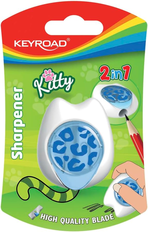 KEYROAD Kitty CAT Pencil Sharpener with a Container / 1 Piece/Multifunctional/Plastic/Steel Blades/Pencils and Colouring Pencils/Blister Pack - Mixed Colours