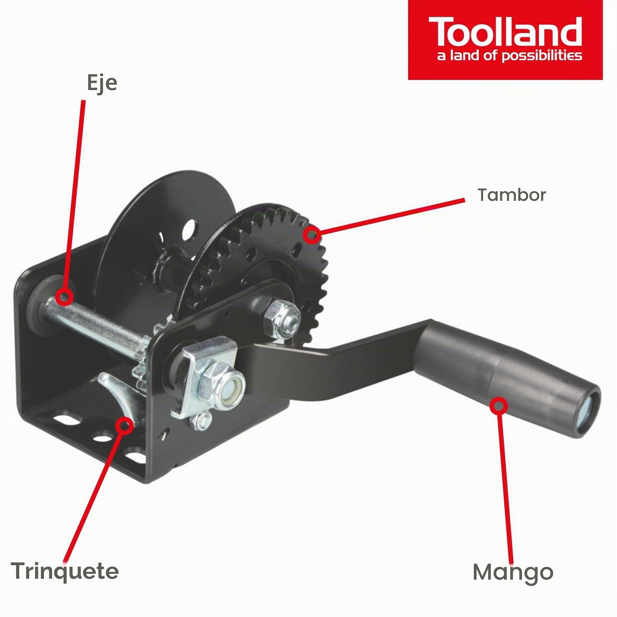 Toolland Cabrestante manual 250 kg acero inoxidable con trinquete y cable, relación 3.1:1, cabrestante negro de remolque con manivela ergonómica, ideal para barco, remolque y elevación