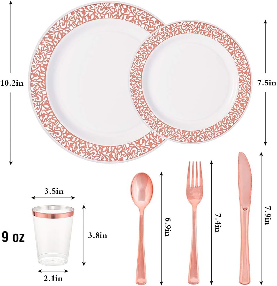 24 Guests Rose Gold Plastic Plates with Disposable Dinnerware 168PCS Perfect for Party Banquet Dinner
