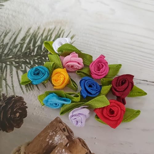 Miniatura 4 de Mini rosas de cinta para coser manualidades, paquete de 100 rosetas artificiales de tela con hojas verdes para decoración de manualidades,