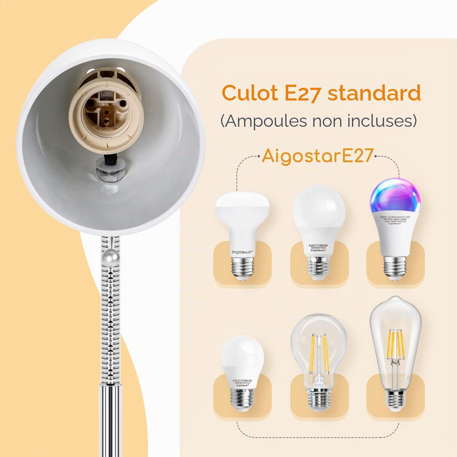 Aigostar Lampe de Bureau à Pince E27, Lampe de Lecture Clipsable Rétro, Ampoule Non Incluse, Lampe de Chevet avec Câble de 1.5 m (Max 40 W), Blanc