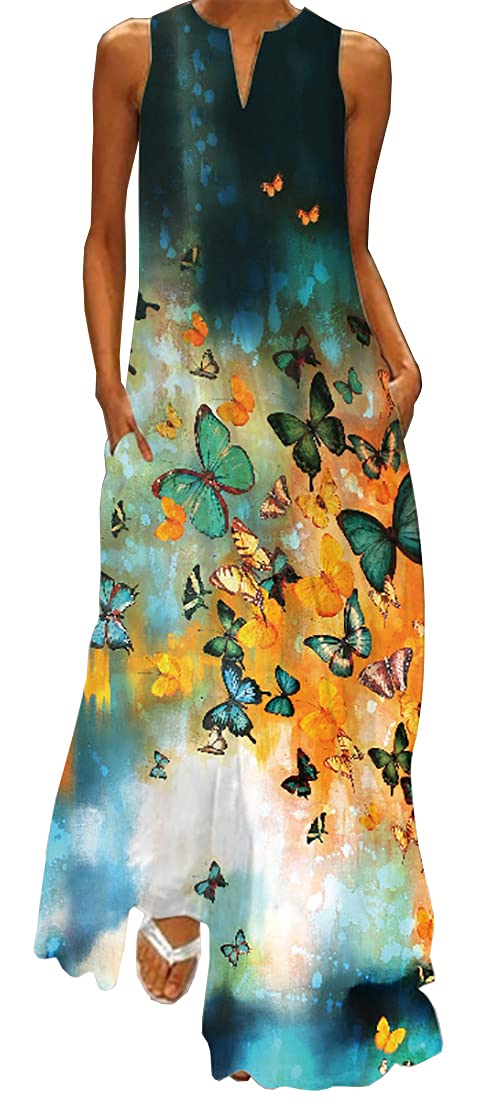 WINKEEY Vestido Maxi para Mujer Estampado Floral Mariposa Bohemio con Bolsillos Sin Mangas Talla Grande