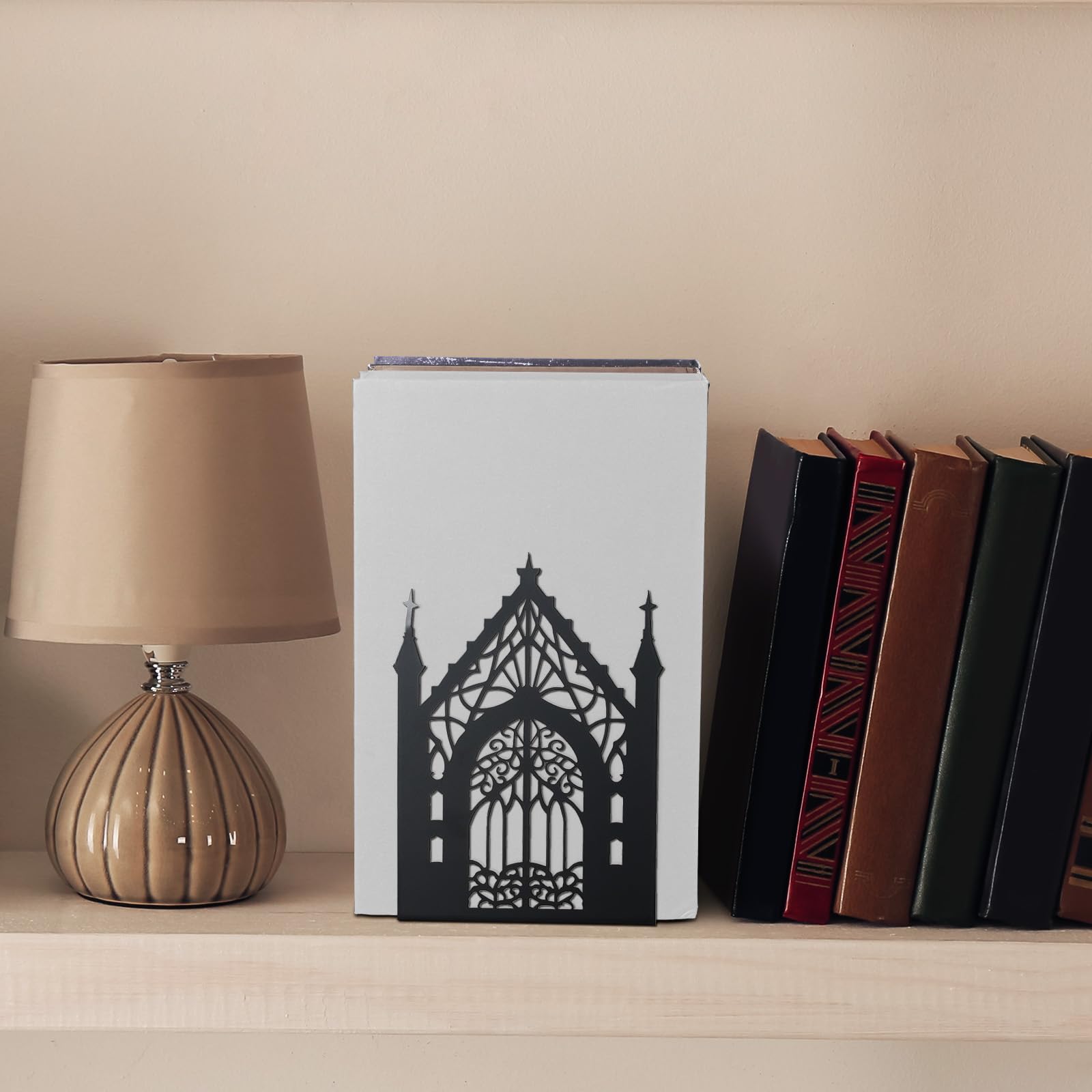 Shimeyao Gothic Metall-Buchstützen für Regale, dekorative Buchstützen, strapazierfähig, Gothic-Tor, Buchstützen, schwarz, Bücherregalhalter, 13,5 x 10,9 x 18,5 cm, schwere Bücherregale, Halter für