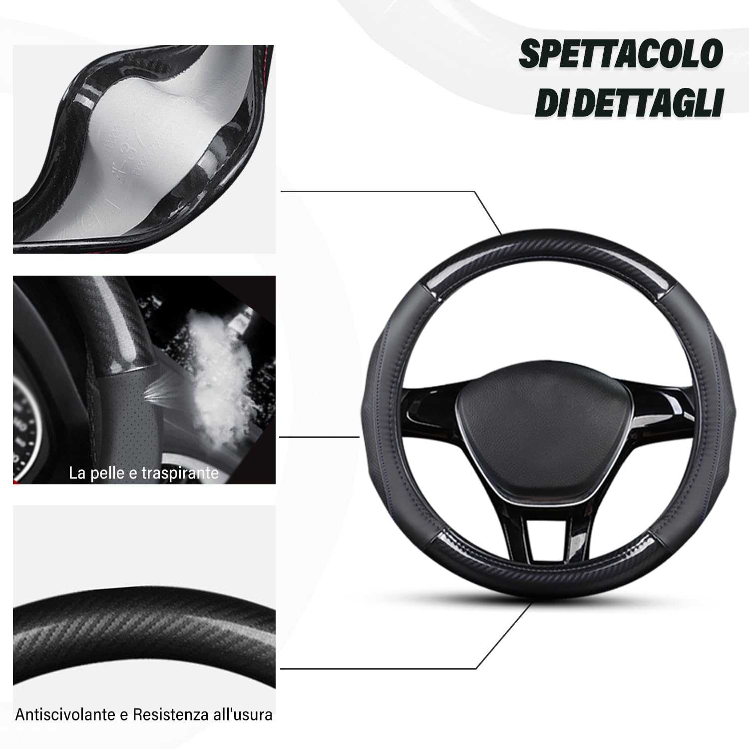 Ergocar Coprivolante per Auto Antiscivolo Protezione per Volante Auto D-Forma Fibra di Carbonio & Primo Strato di Pelle Bovina Universale per Diametro 38 Cm (15 ") (D-nero-rosso)