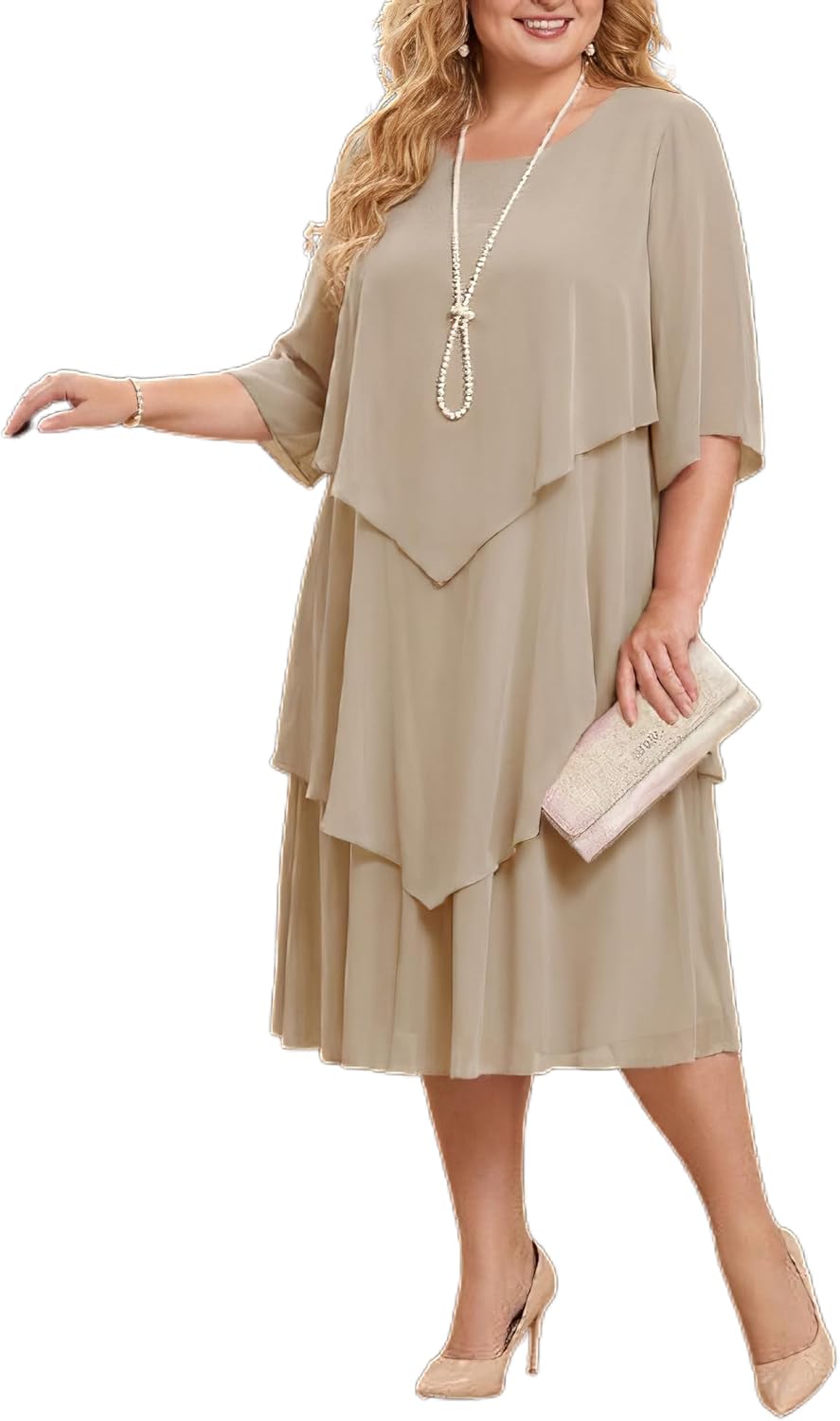 Plus Size Chiffon Wedding Guest Dress for Women Summer Elegant Ruffle Tiered Midi Cocktail Dress for Formal Party Evening