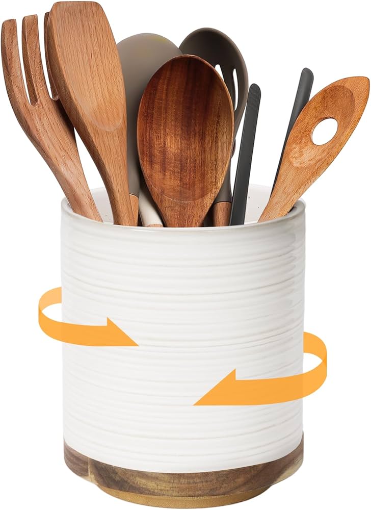 DOWAN 360° Rotating Extra Large Cooking Utensil Holder, 7.6" Kitchen Utensil Holder for Countertop, Utensil Crock for Farmhouse Kitchen Decor, Ceramic Stable Utensil Caddy, Soft White