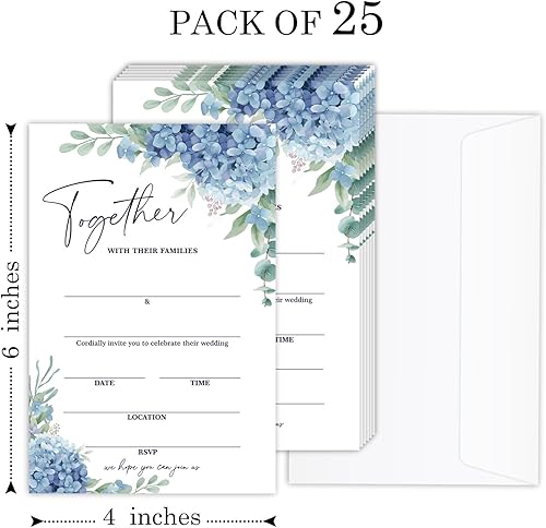 Miniatura 2 de Invitación de boda floral azul, kit de invitación de fiesta de boda con flores de acuarela para relleno (25 tarjetas y sobres), perfecto para la