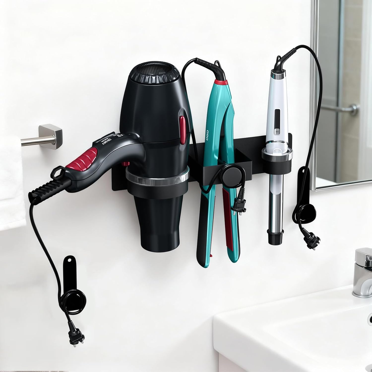 Hair Dryer Holder Wall Mounted, Hair Straightener Holder with Plug&Cord Organizer, Metal Hair Tool Organizer, Curling Iron Holder for Bathroom Salon
