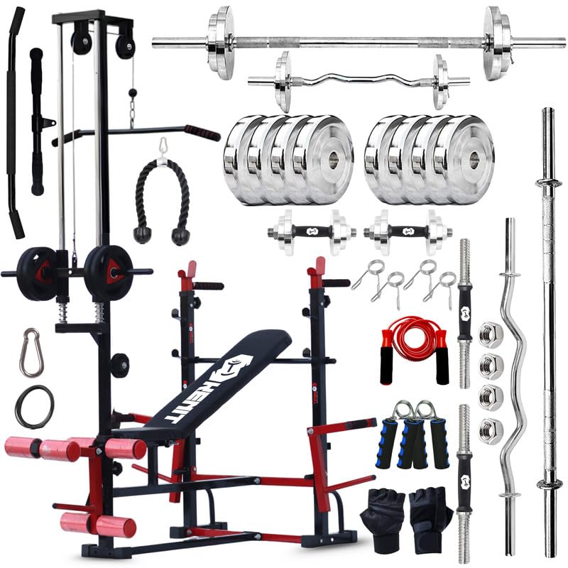 80KG Steel Plates Combo with 20-in-1 Adjustable Bench with U-Hook, Lat Pulldown, Curl Rod, Straight Bar, Dumbbells, Skipping Rope, Gloves & Gripper – Home Gym Fitness Kit-image-26