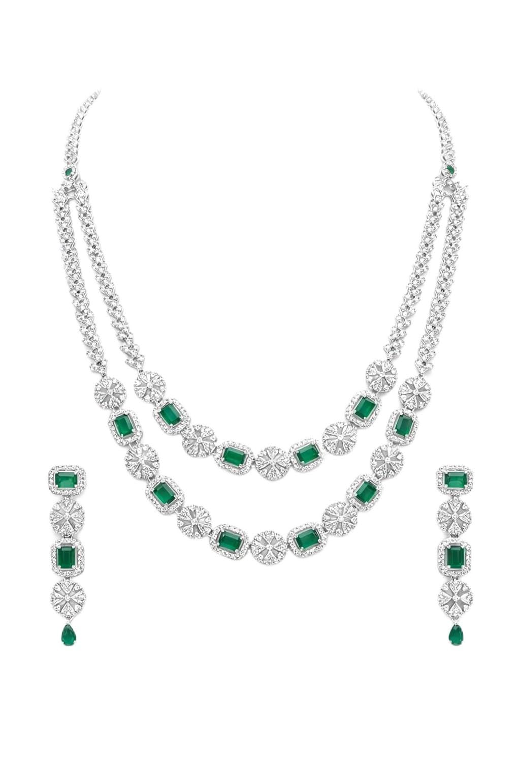 Emerald Green Two Layered Necklace & Earrings | Wedding, Party, Traditional Indian Jewelry-picture-17