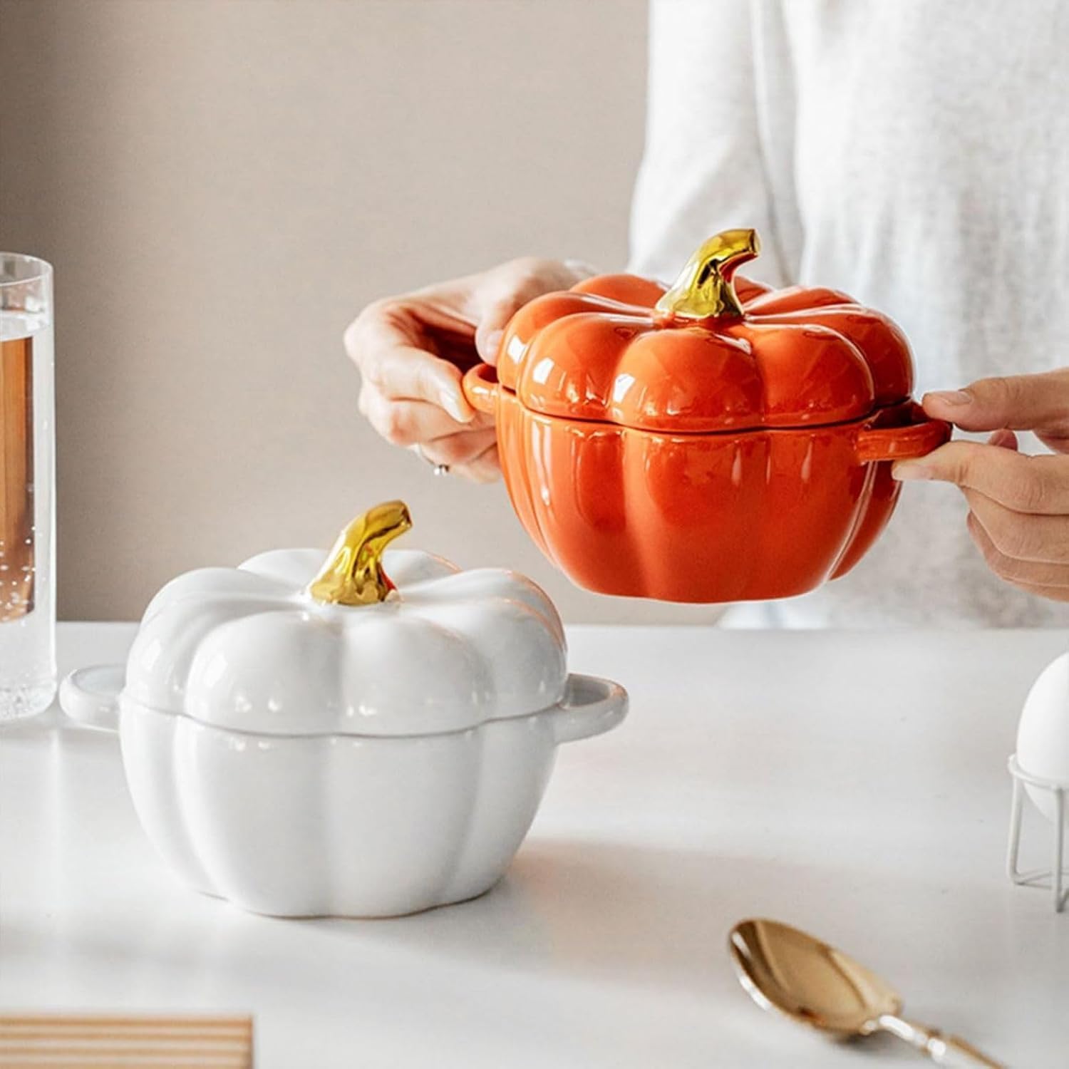Hushee Set di 2 ciotole a forma di zucca con coperchio e