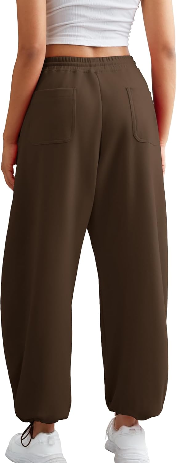 ELLEVEN Women's Y2K Wide Leg Sweatpants - High Elastic Waist Baggy Pants with Pockets & Adjustable Ankle Drawstring Cuffs