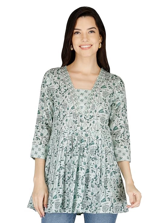 aj art Rayon Cotton Blend Floral Printed Short Kurti Tunic Top for Women & Girls-picture-10