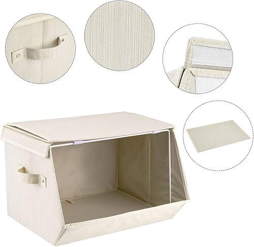 Miniatura 5 de i BKGOO Juego de 2 cubos de almacenamiento apilables, caja organizadora de almacenamiento plegable de tela de lino, con tapas y asas propias para el