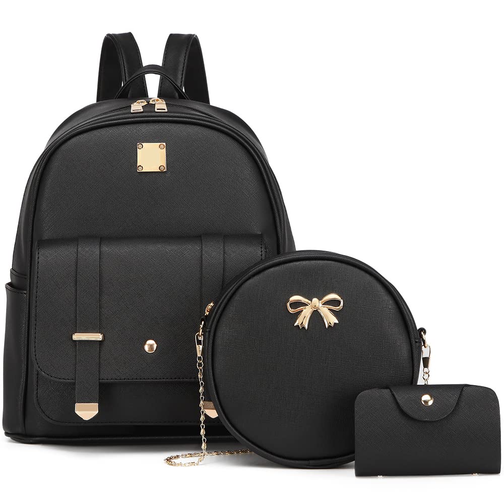 MACCINELO Cute Leather Mini Backpack Purse for Women Bowknot Small Backpack for Girls gift Rucksack Ladies Shoulder Bag 3pcs