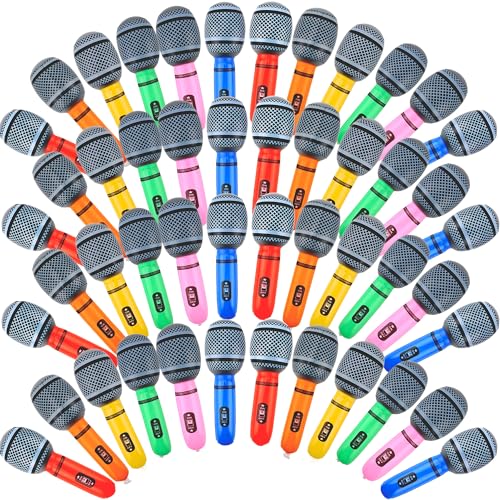 48 Pack Inflatable Microphones 9.8 Inch Blow up Microphone Bulk Pretend Inflatable Microphone Props Toys for 80s 90s Musical Concert Themed Cosplay Stage Party Role Play