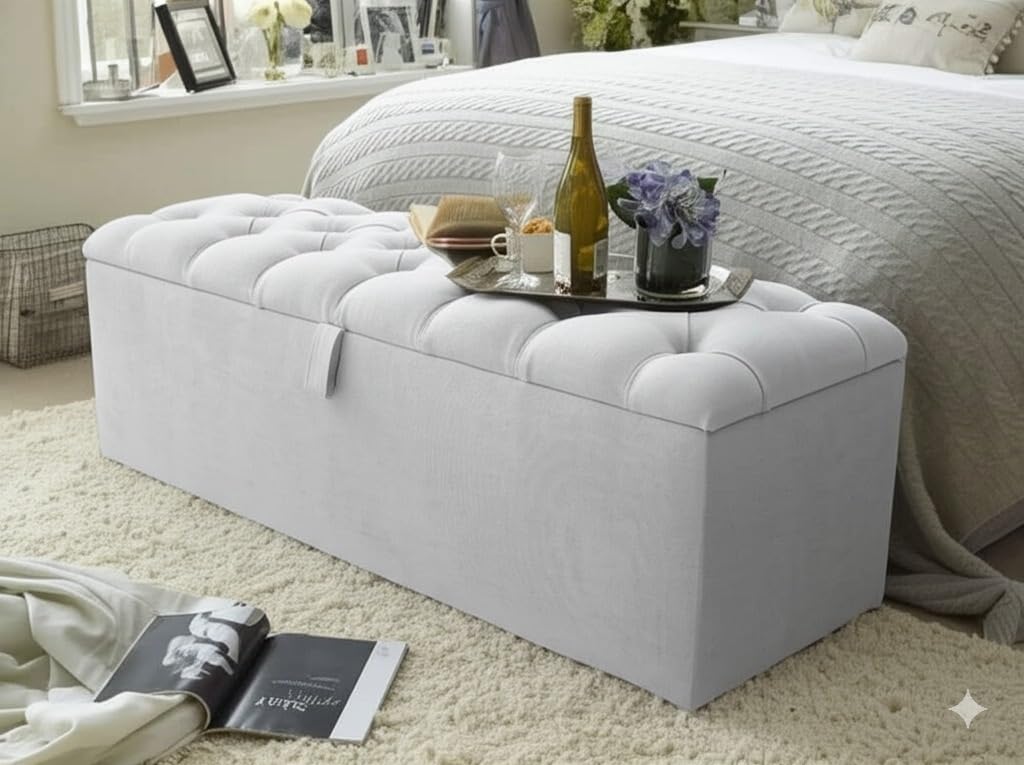 mm08enn Ottoman Storage Blanket Box in Soft Plush Fabric, Multiple Sizes 3ft, 4ft, 4ft6, 5ft and 6ft (Silver, 5ft)