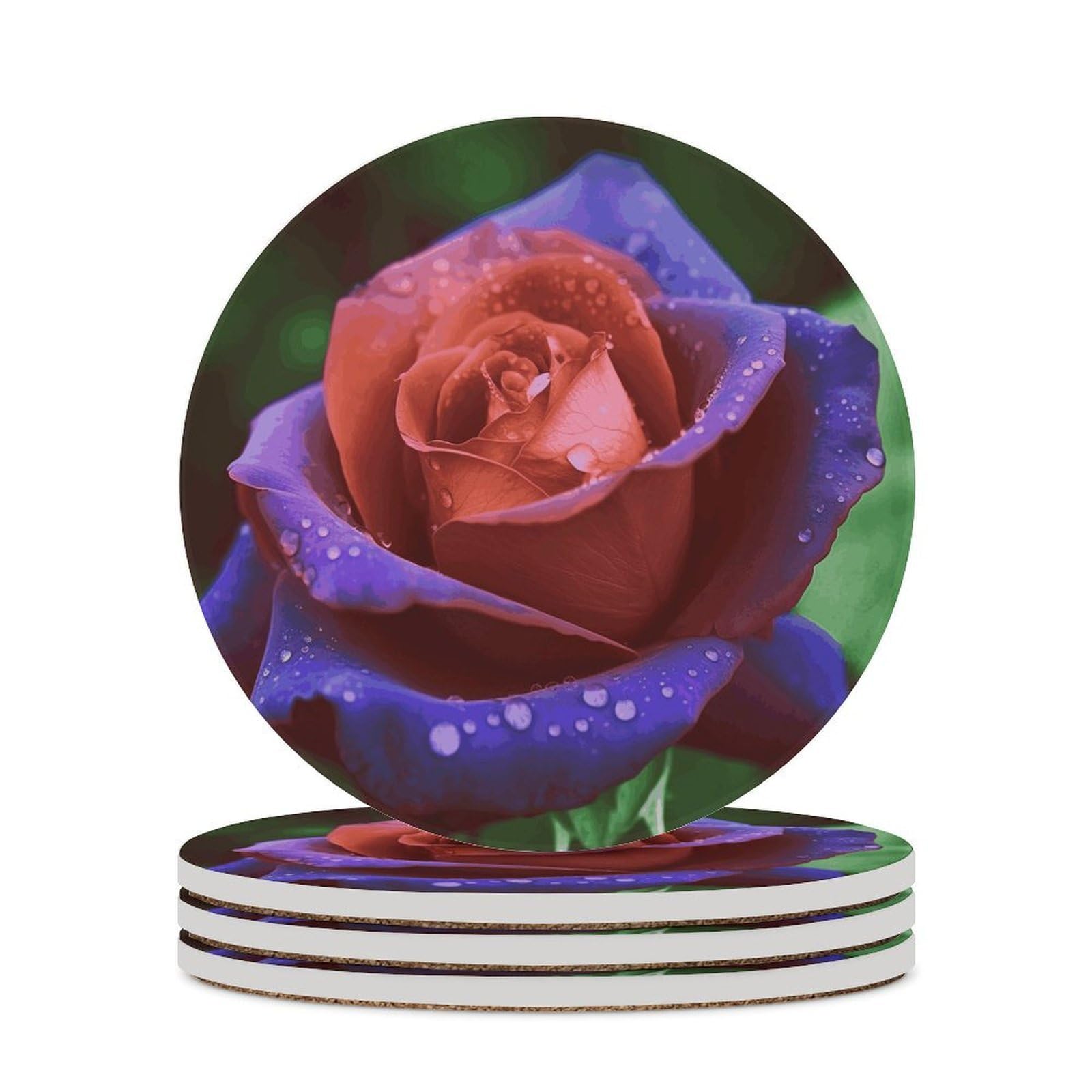 Rose2 Drink Coasters with Holder for Coffee Table,Ceramic Coaster with Cork Base,Ceramic Stone Coaster for Iced Cold Or Hot Drinks,4.1 Inches