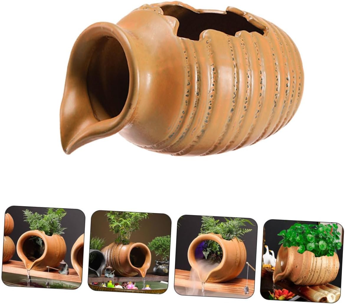 Mikikit Vintage Ceramic Jar Waterfall Fountain for Indoor and Outdoor Garden Decor Flowing Water Feature Pot for Balcony Patio Courtyard Landscaping Hydroponic Planter Accessory