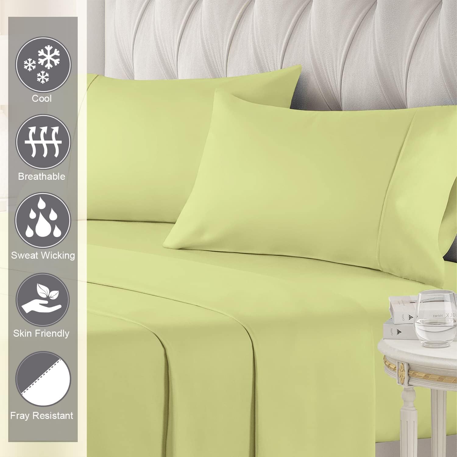 400 Thread Count Cotton Queen Size Light Green Sheets Set, 100% Long Staple Cotton 4 PC Sheets, Sateen Cotton Bedding Set fit Upto 15 inch Deep Pocket (Light Green Queen 100 Percent Cotton Sheet Set)