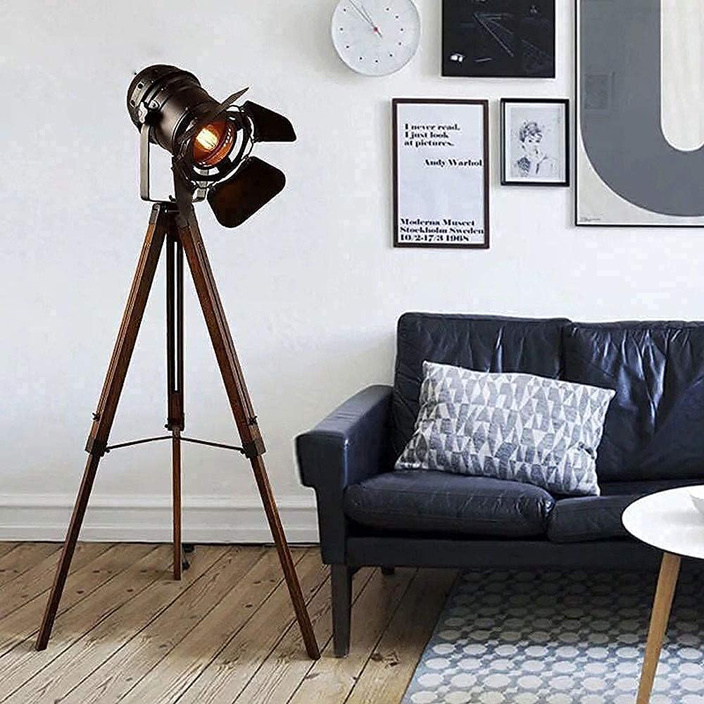 Piantana Treppiede Lampada da Officina da Pavimento Regolabile Legno Interni Design Moderna Spot Classica e27, Nera da Terra Tavolo stile Industriale Vintage per Salotto ufficio Leggere Camera letto