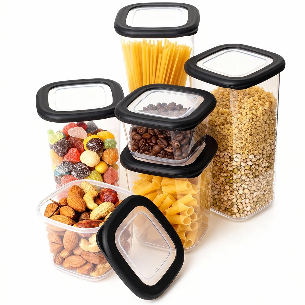 Ionegg Black Plastic Food Storage Containers With Lids Includes Labels, Stackable Kitchen Pantry Organizer For Dry Food, Snacks, Pasta And Meal Prep, Set Of 6