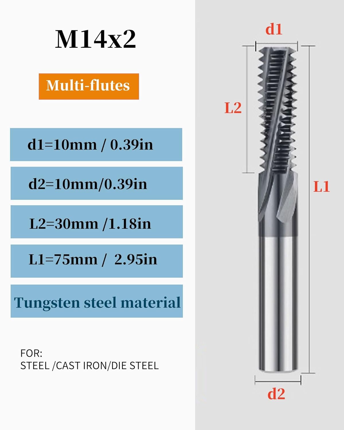 GBJ Multi Flutes Solid Carbide Thread end Mill AlCrN Coated, 0.39in Cutting Diameter, Necked to Thread 1.1in Deep, 0.39n Shank Diameter,2.95 in Overall Length