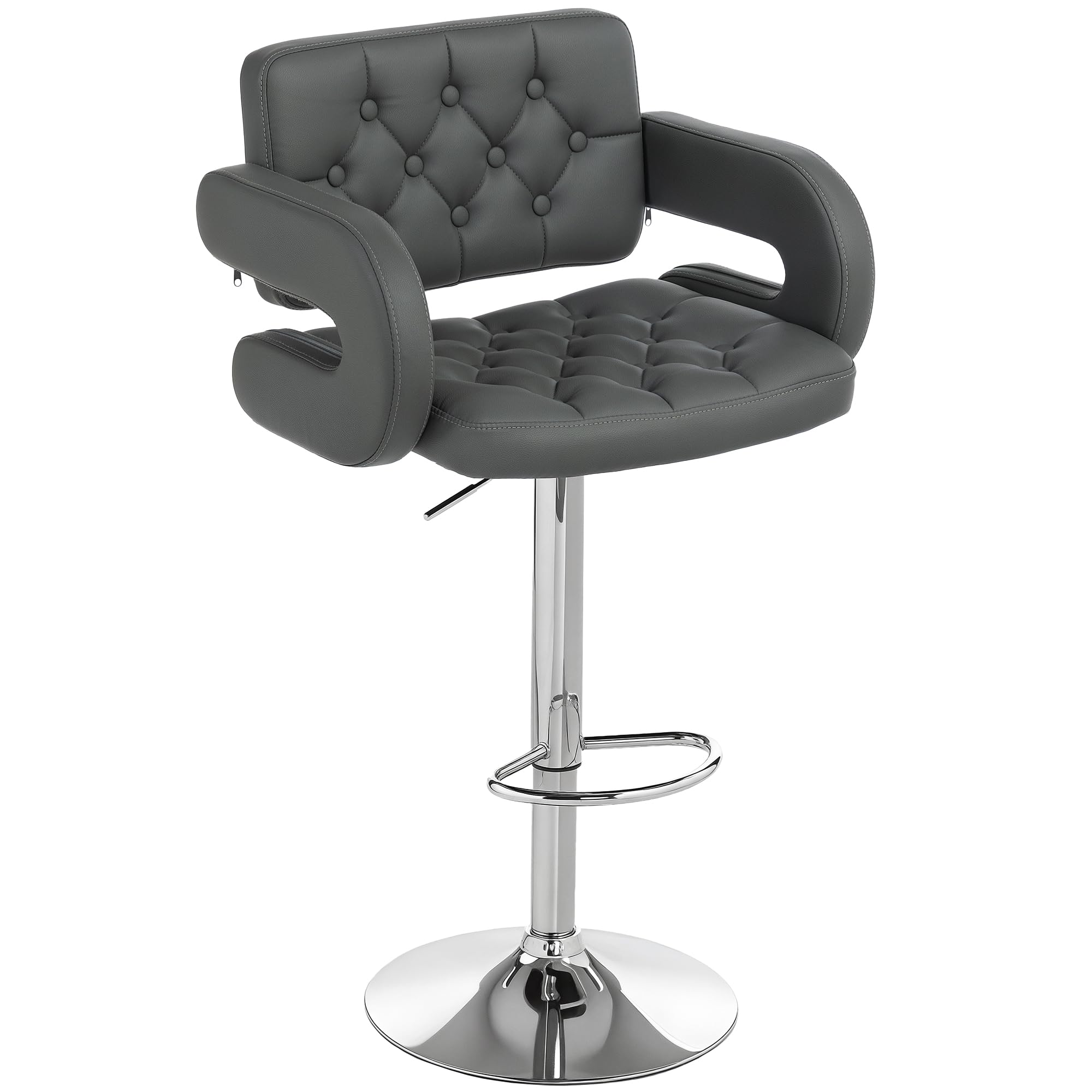 HOMCOM Swivel Bar Stool with Extra Large Seat, PU Leather Upholstered Adjustable Barstool with Back, Arm and Footrest, Breakfast Bar Chair for Bistro, Kitchen, Grey