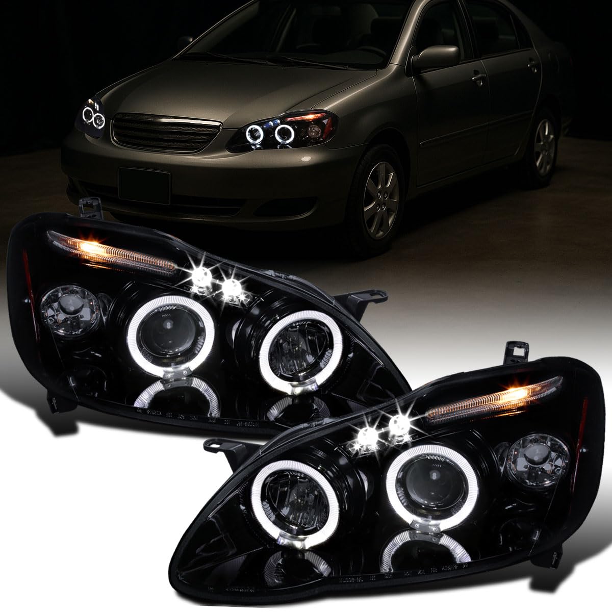 Ronnin - Fits 2003-2008 Toyota Corolla Upgraded Replacement LED Dual Rims Projector Headlights Assembly Pair | Black Smoke