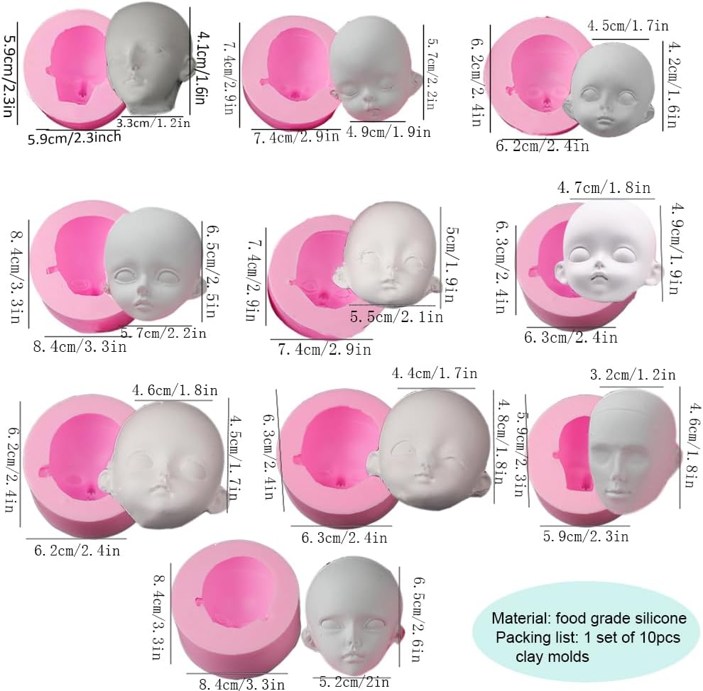10Pcs Baby Face Clay Mold Tools,Human Face Silicone Molds for DIY Cake Fondant Biscuit Sugar Pudding Chocolate Hard Candies Dessert Candle Decor Polymer Clay Craft Supplies