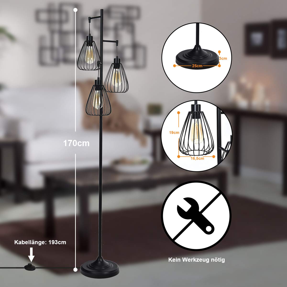 COSTWAY Stehleuchte 3 flammig, Standlampe industrial, Stehlampe Vintage, Retro Bodenleuchte 170cm hoch / 193cm Kabel / E27 (Birne nicht enthalten)