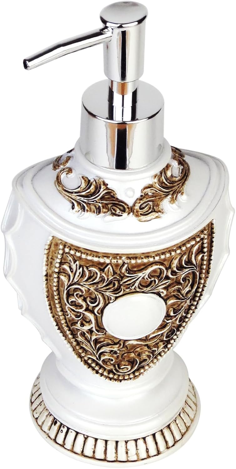 Vintage Soap Dispenser with Baroque Decor - Resin - White Painted Lotion Dispenser for Bathrooms, Kitchen Counters, Beauty Shops, Hotels (10 oz/300 ml, White) - Image 2
