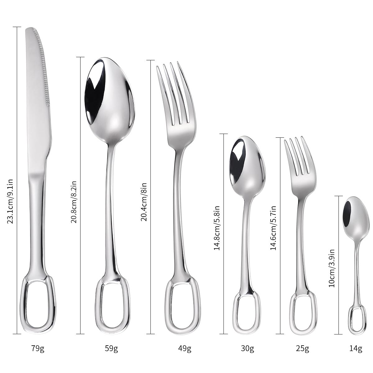1 juego de 6 piezas de vajilla creativa de acero inoxidable 304, anillo for cuchara, cuchillo y tenedor for carne, for hotel, hogar, con orificio for colgar, tenedor, cuchara de té(Silver)