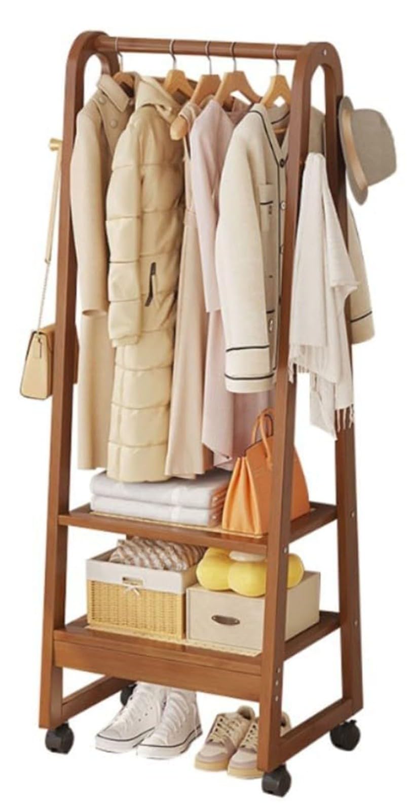Aycdl A Ycdl Wooden Garment Rack On Wheels Sturdy Clothing Rack With Hooks Entryway Coat Stand With 2 Shelves For Nizing Clothes Nd Ccessories Stylish & Functional Storage,-50Cm