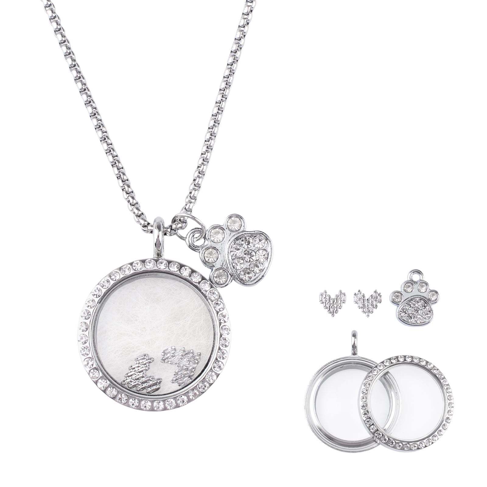HACRAHO Pet Fur Memorial Necklace,Pet Ashes & Hair Keepsake Dog Fur Memorial Necklace Transparent Glass Circle Stainless Steel Chain Memorial Jewelry for Women Gifts（Circular Paw Silvery）
