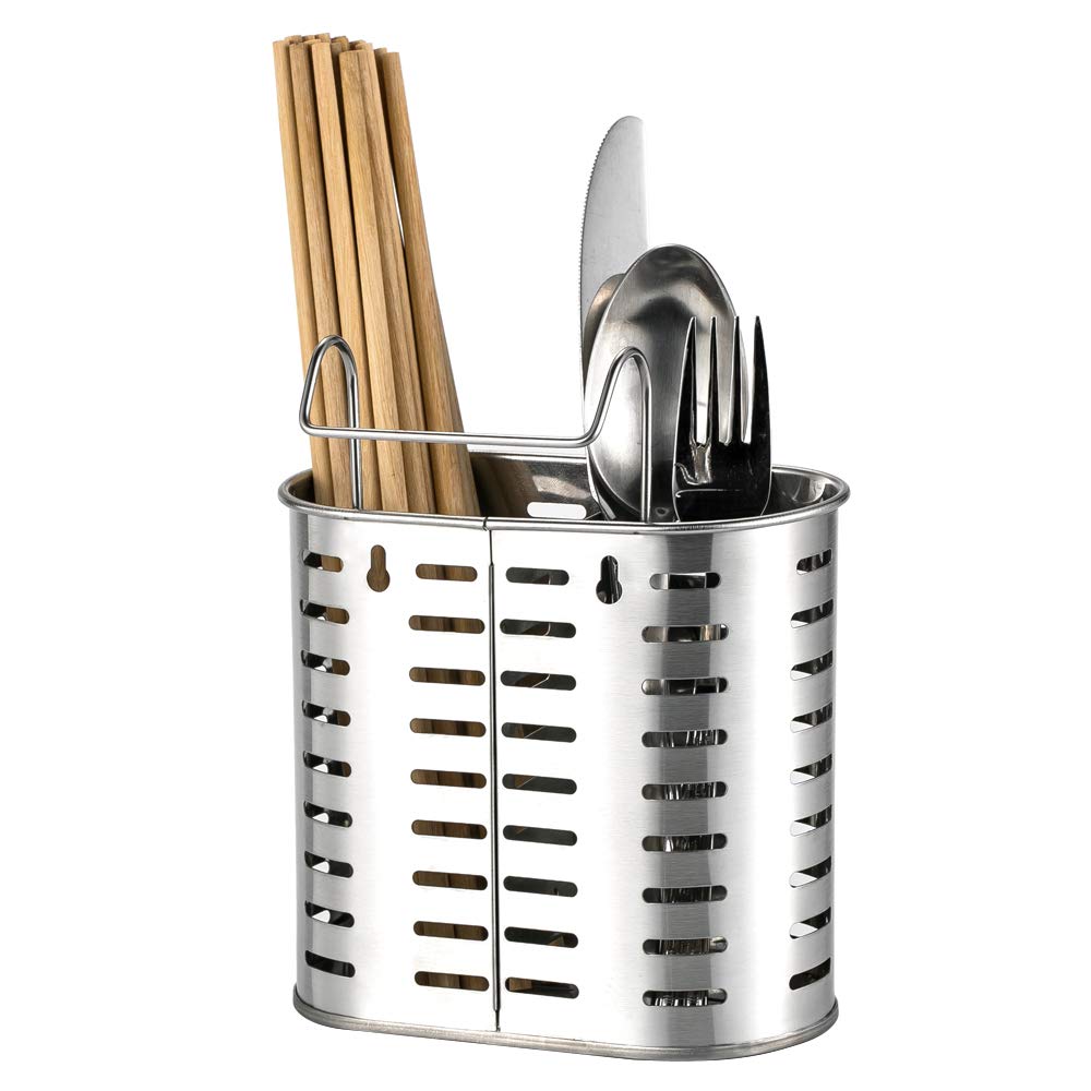 Decdeal Porta Posate in Acciaio Inox Cromato con 2 Scomparti,Utensili da Cucina Asciugatura con Cremagliera,Drenante Rack Metallo di Appeso con Ganci