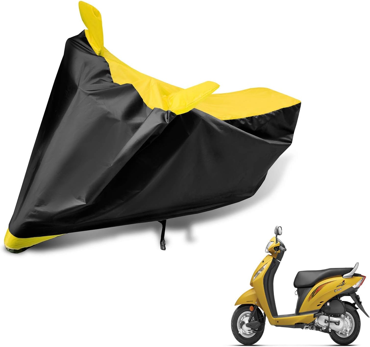 Auto Hub Bike Cover Compatible with Activa i with Mirror Pocket,Dustproof, Windproof, Belt Buckle, Activa i Bike Cover- Black, Yellow - 1 Unit