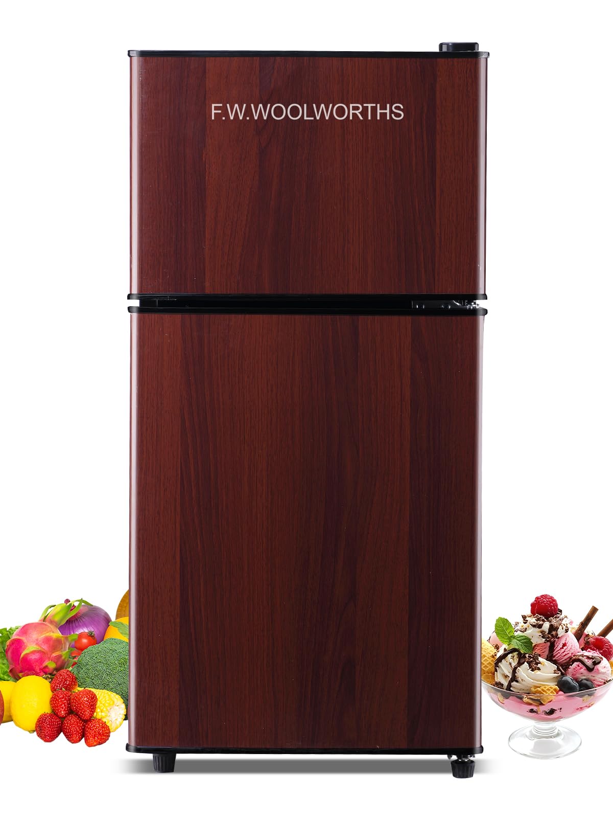 F.W.WOOLWORTHS 3.5 Cu.Ft Compact Refrigerator with Freezer, Mini Fridge with 2 Doors, Small Fridge with Adjustable Thermostat for Dorm, Office, Bedroom, RV, Home, Wood