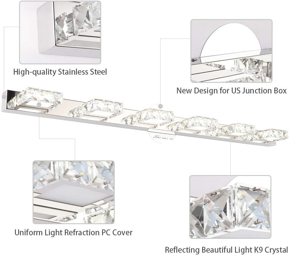 Aipsun 41 Inches Crystal Vanity Lights Over Mirror Long Bathroom Modern 6 Lights LED Wall Light Fixture