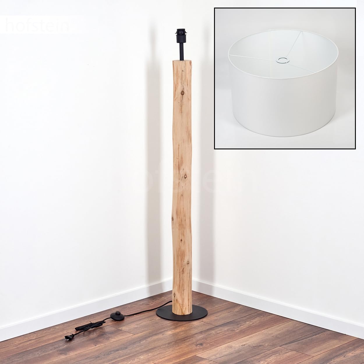 Lampada da terra Flemming, lampada da terra in legno/metallo/tessuto colori naturale/nero/bianco, design scandinavo con paralume rotondo (Ø 50 cm) e interruttore a pedale, E27, senza lampadina