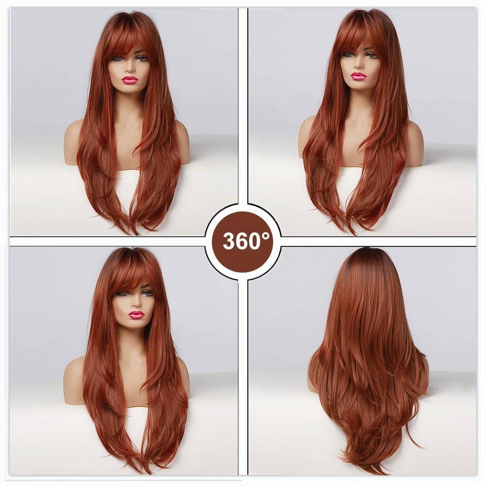 Esmee Perruque Auburn pour Femmes de 24 Pouces avec Frange, Longue Verticale Naturelle, avec racines foncées, Perruque Synthétique Résistante à la Chaleur