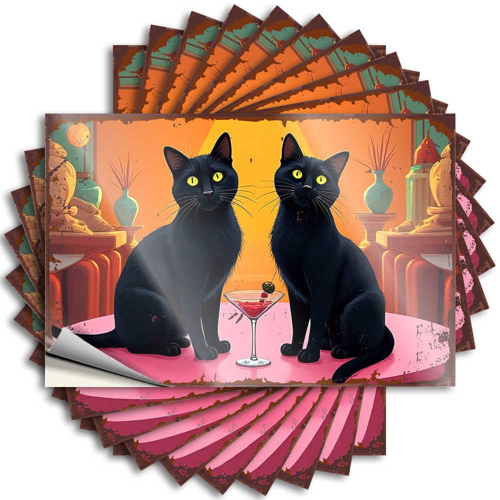 Two Black Cats with A Cocktail in A Warmly Lit Room Tattoo Rubber | Cozy Hard Removable Decal Pack(12X18CM)